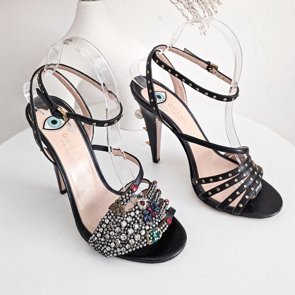 Gucci Wangy Crystal hand strappy high heel leather sandals size 37 - Picture 1 of 16